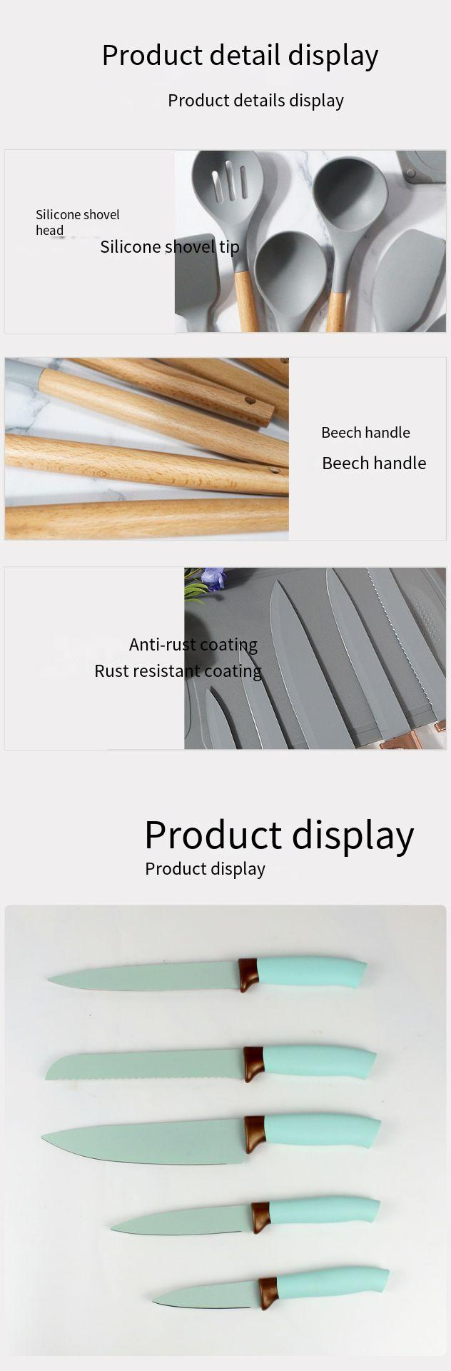 19-teiliges Messerset, Silikon, hochtemperaturbeständig, Küchenutensilien, antihaftbeschichtete Pfanne, Kochspatel, Löffel, Aufbewahrung_voghion.com
