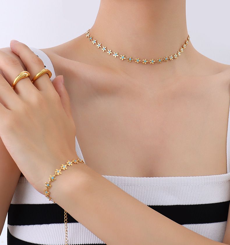 Conjunto de joyería para mujer, collar y pulsera con colgante de gota de aceite azul, chapado en oro fresco y pequeño, de lujo y ligero._voghion.com