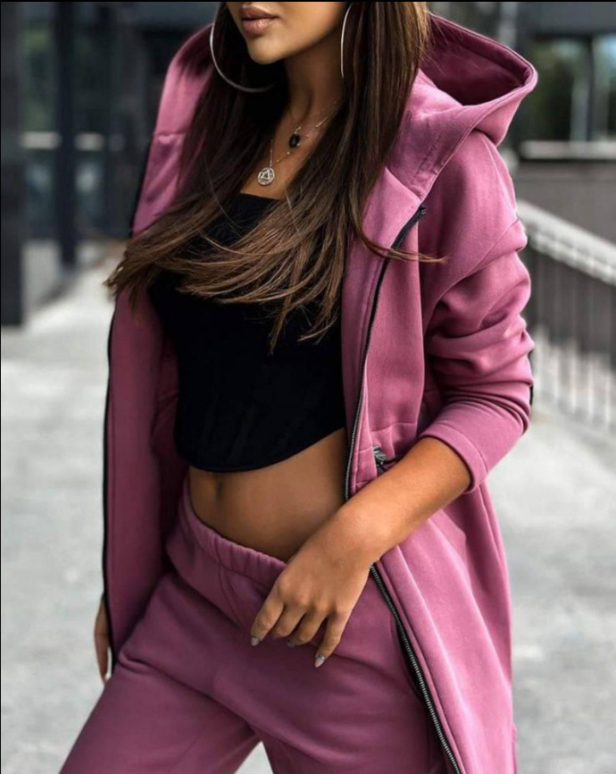 Zweiteiliges Set mit modischem, lässigem Kapuzen-Fleece-Hoodie-Mantel für Damen_voghion.com