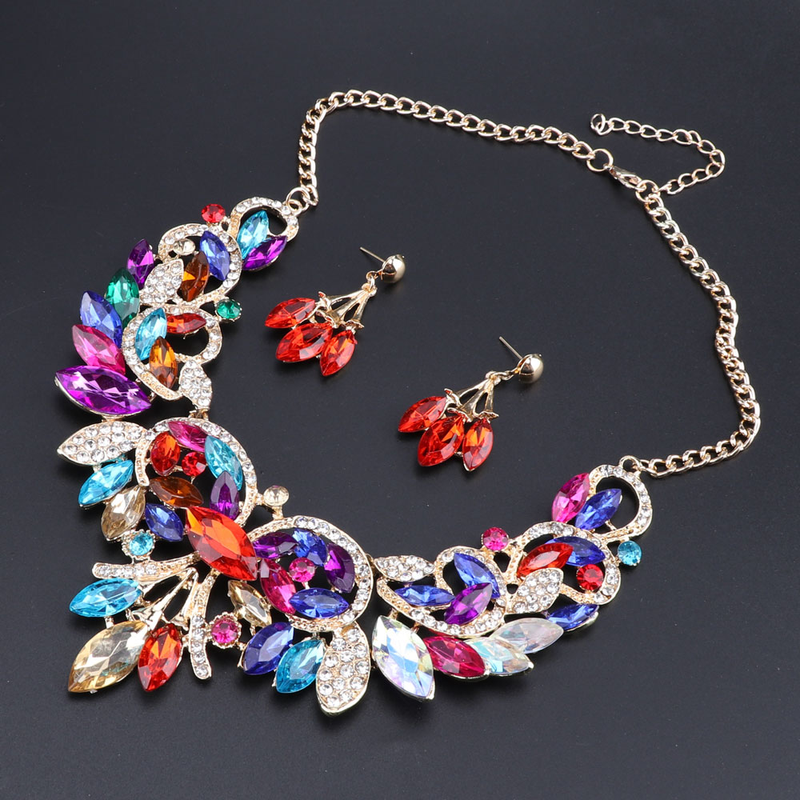 Mode coloré cristal collier ras du cou pour les femmes déclaration colliers boucle d'oreille collier Boho fête ensembles de bijoux_voghion.com