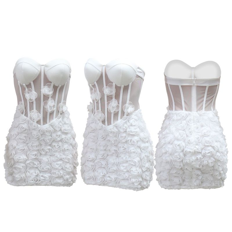 Abito aderente senza spalline da donna, sexy, in rete trasparente con applicazioni floreali 3D_voghion.com
