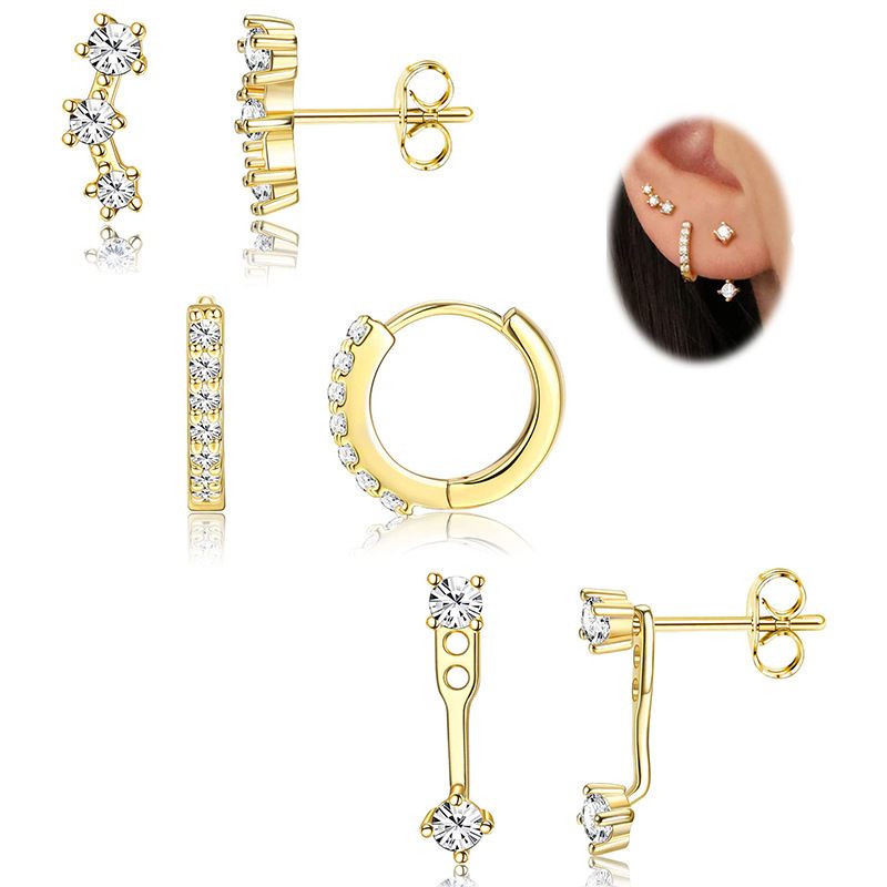Brass With Real Gold Plating, Popular Across, Teardrop Shaped Circle Inlaid Zircon Earrings, Personalized Six Piece Set_voghion.com