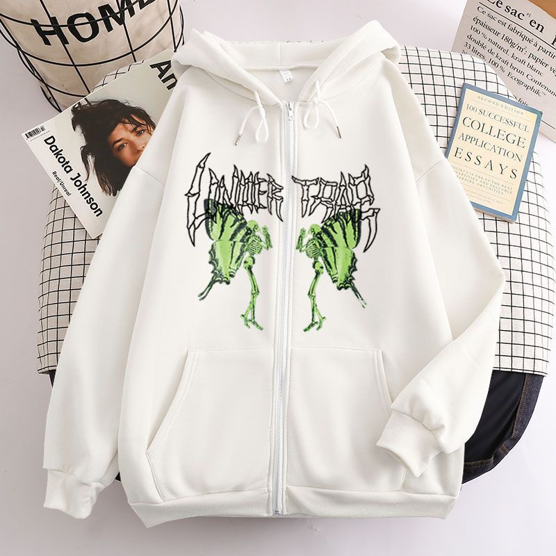 Felpa con cappuccio da donna con cerniera nera a doppio strato, stile teschio, stile farfalla, stile hip hop, stile gotico, stile Harajuku Y2k_voghion.com
