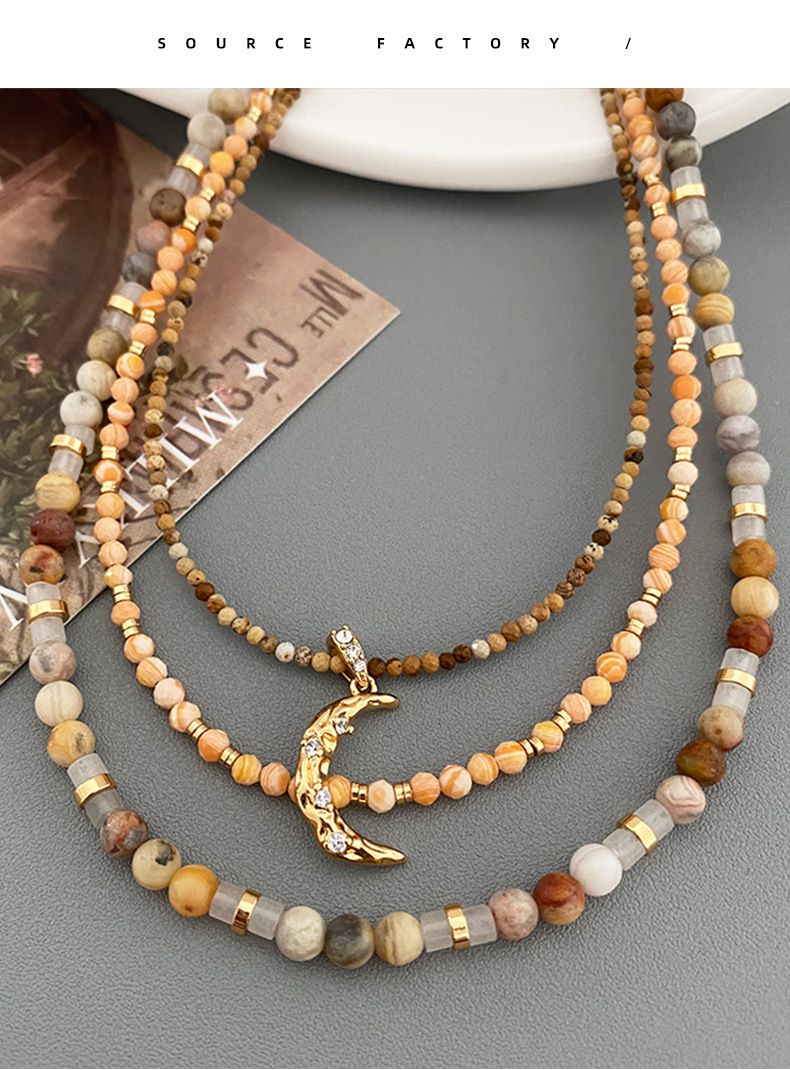 New retro colorful multi-layered natural stone beaded necklace for women, versatile, fashionable and high-end niche clavicle chain_voghion.com