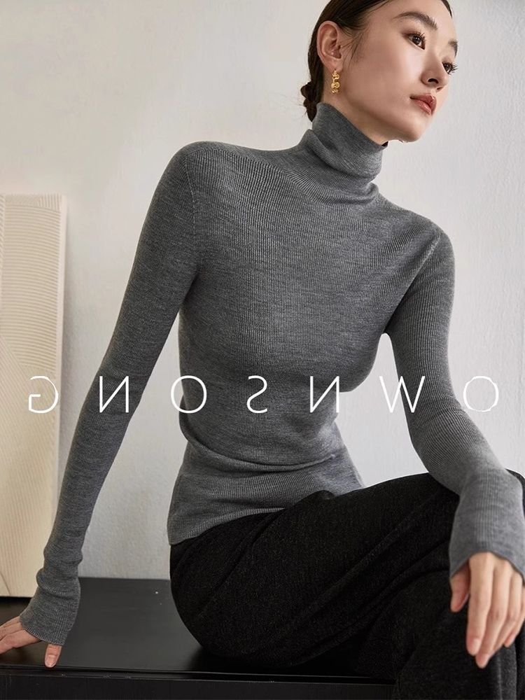 Herbst und Winter Französisch grau High Neck Strickpullover für Frauen mit einem High-End-Gefühl, gestapelten Kragen Basis, lang_voghion.com