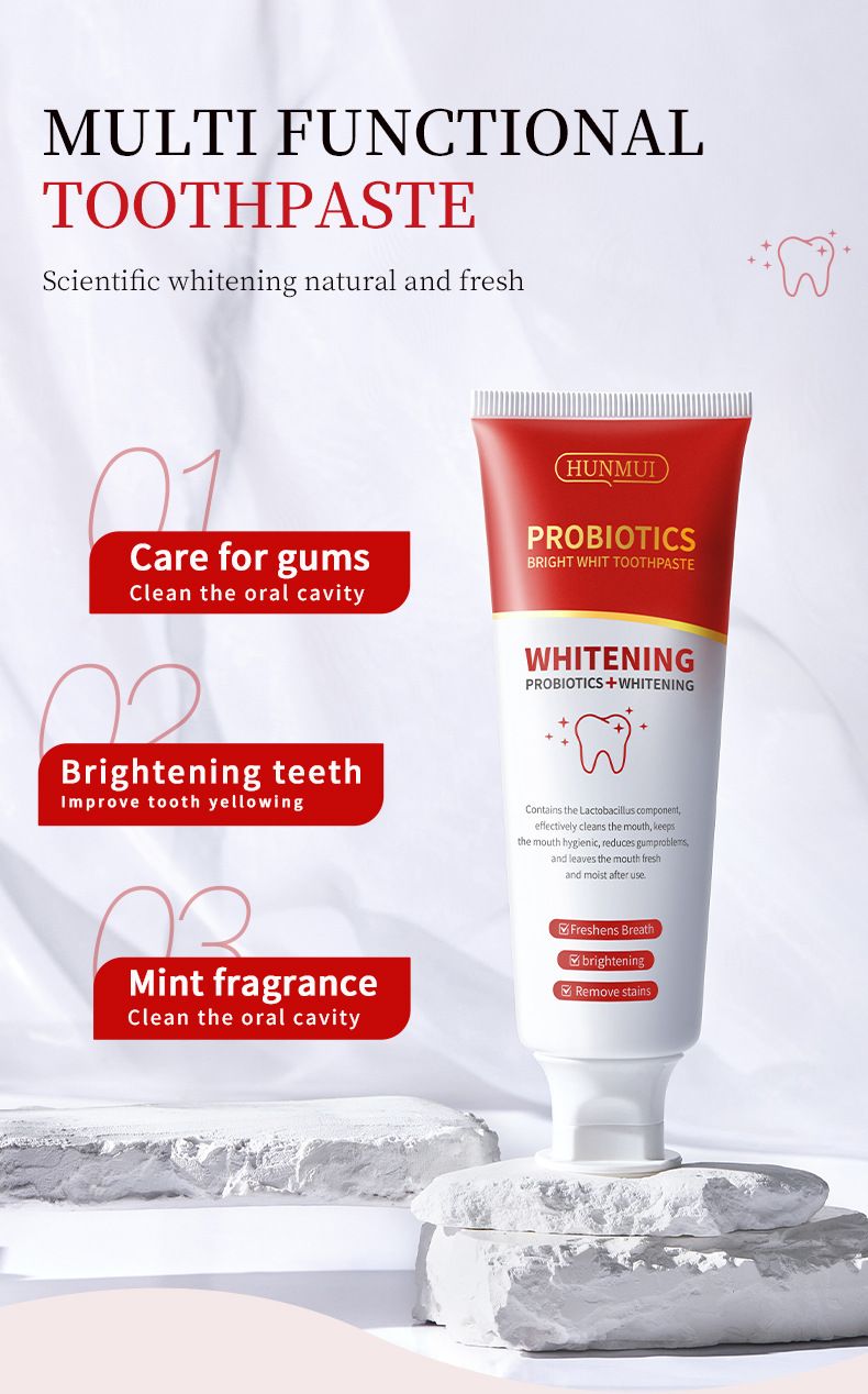 Dentifricio rinfresca l'alito, deodora, rimuove gli odori, i denti gialli, le macchie, protegge le gengive, sbianca, dentifricio sbiancante probiotico_voghion.com