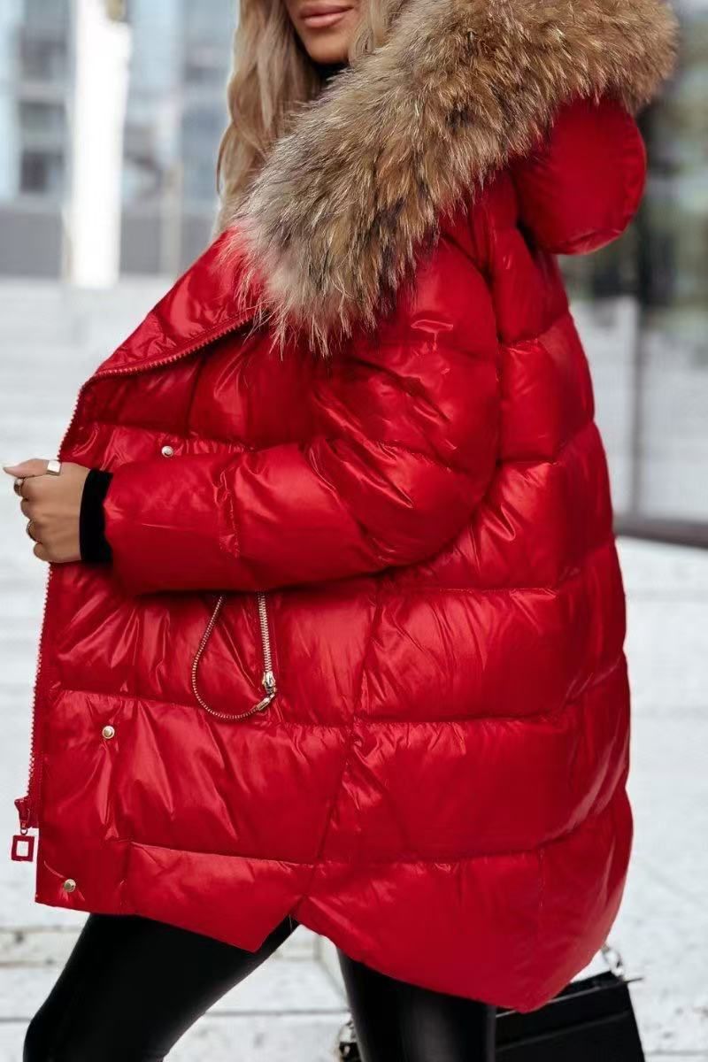 "Casaco de inverno elegante com acabamento em pele sintética – Jaqueta longa de lã com estampa de floco de neve para mulheres (mistura de pele de carneiro, 6 tamanhos, 3 cores clássicas)"_voghion.com