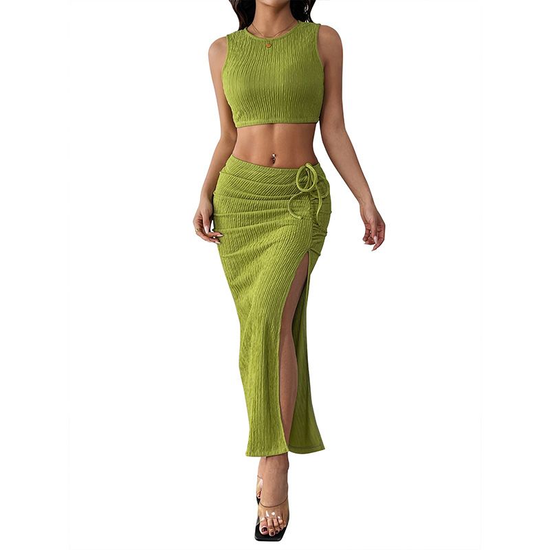 2025 Summer New College Style Simple Solid Color Top And Skirt For Women Two-Piece Set_voghion.com