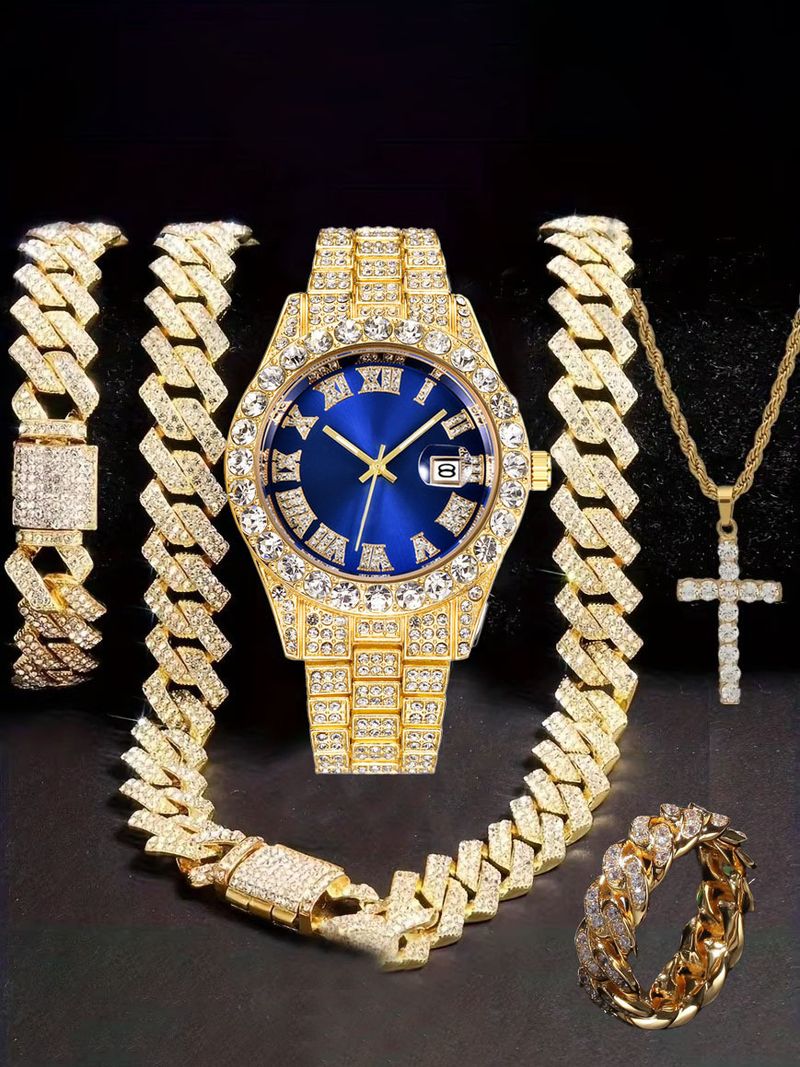 Orologio Hip Hop tempestato di diamanti, composto da cinque pezzi, con collana a croce a forma di diamante e anello cubano._voghion.com