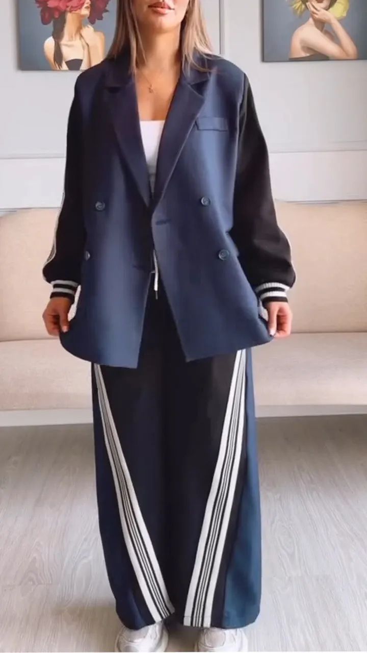 Nuovo abito doppiopetto con maniche lunghe e pantaloni larghi a righe, abito due pezzi_voghion.com