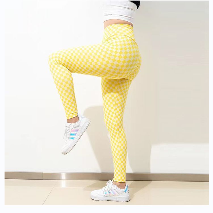 Pantalon de yoga Yiwu à carreaux imprimés multicolores pour femmes, pantalon froissé, rehausseur de hanches, amincissant, à séchage rapide, best-seller_voghion.com