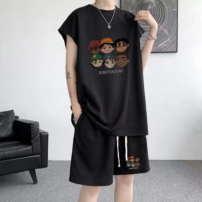 Summer new plus size men's sports suit Waffle trendy sleeveless vest t-shirt versatile casual two-piece set 12_voghion.com