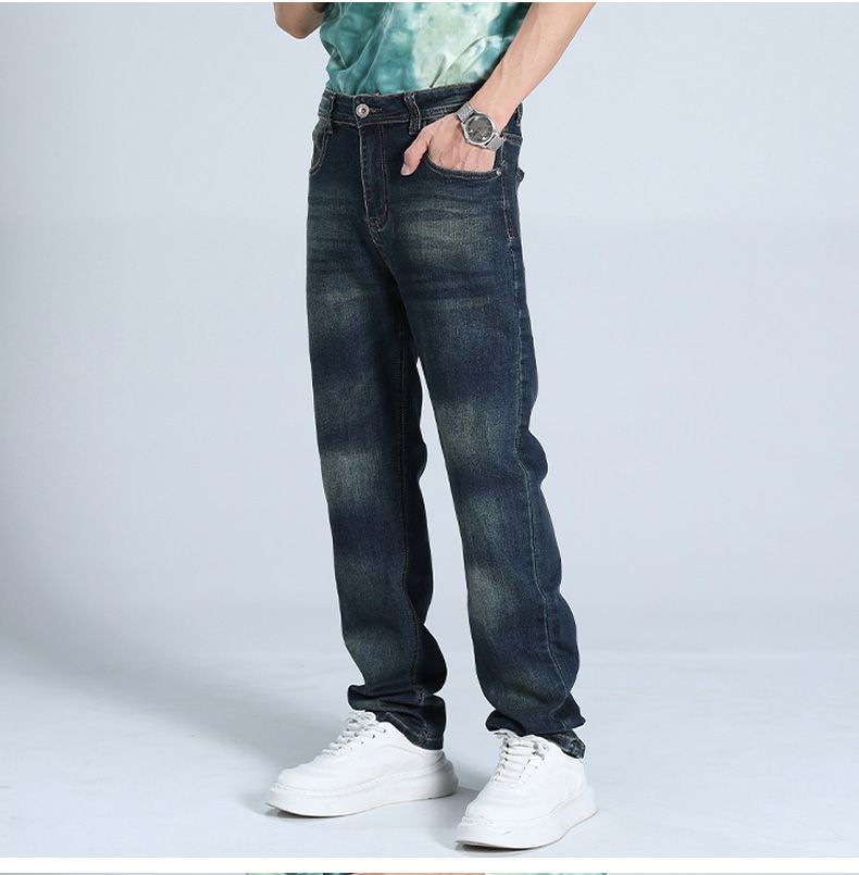 Trendy American Heavy Industry Washed und Used Jeans für Herren, locker und elastisch, Horse Willow Straight Leg Pants, Street Commuter Jeans_voghion.com