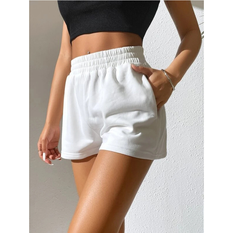 2025s 2025 Summer Women's Elastic Waist Loose Wide-Leg Solid Color Casual Sports Shorts_voghion.com
