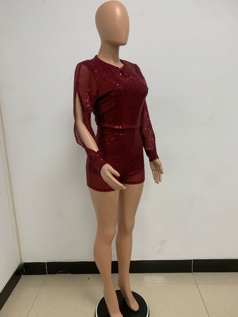 Damkläder jumpsuit mode smal långärmad slits paljettjumpsuit_voghion.com