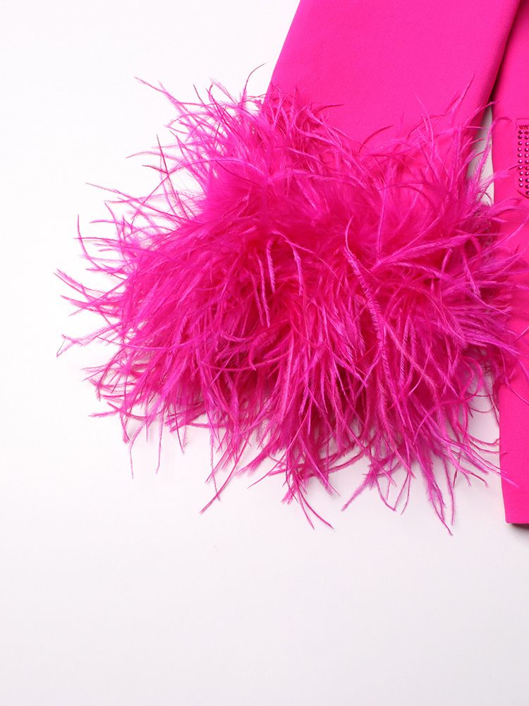 Abbigliamento da donna prepotente risvolto con disegno di diamanti caldi cuciture in piume di struzzo a maniche lunghe per donna_voghion.com