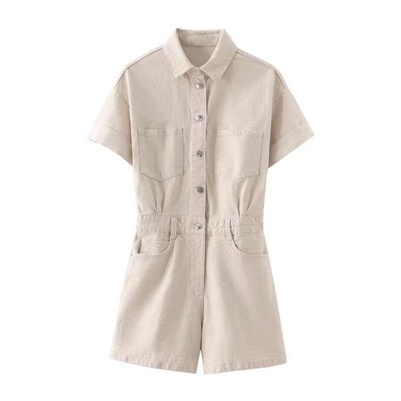 Dameskleding Denim Reverszak Decoratie Korte Jumpsuit_voghion.com