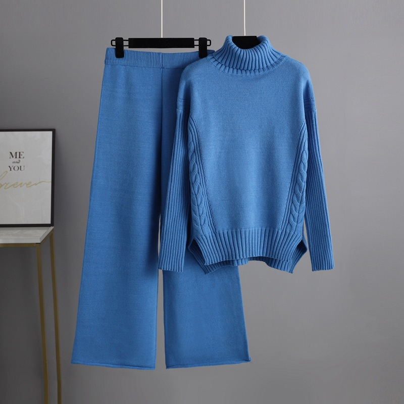 Vêtements pour femmes style paresseux pull à col roulé ample costume style occidental pour femmes pantalons à jambes larges à la mode ensemble deux pièces pour les femmes_voghion.com
