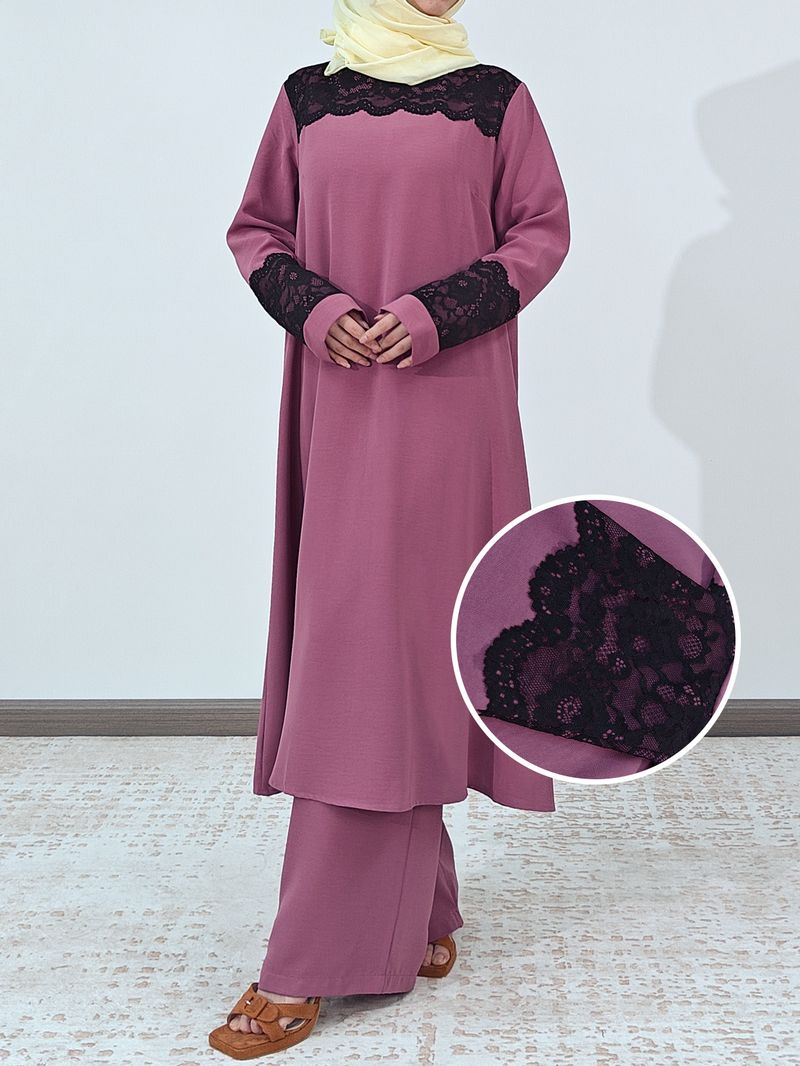 Elegantes muslimisches Damen-Set – Langärmliges Kleid mit Spitzenbesatz und weite Hose | Schlicht und stilvoll (2 klassische Farben)_voghion.com