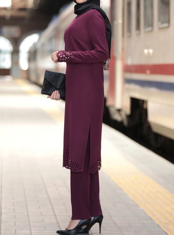 Conjunto de duas peças islâmico feminino, blusa longa vazada de chiffon, calça muçulmana, kaftan marroquino, abaya, roupas de oração do Ramadã_voghion.com