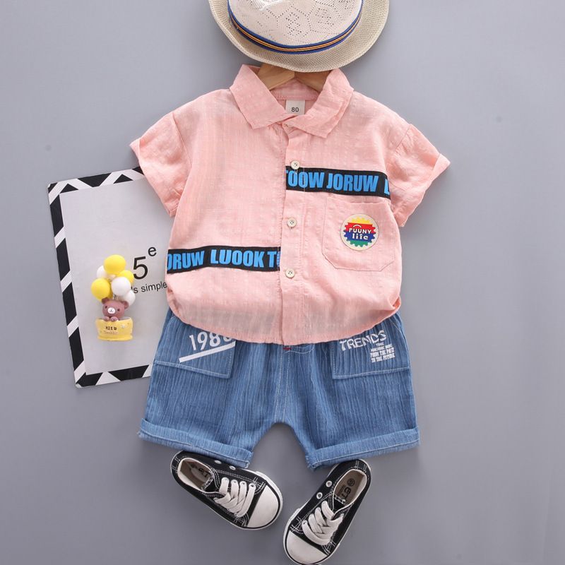 Children's thin men's lapel short sleeved summer casual children's single breasted shirt two-piece set_voghion.com