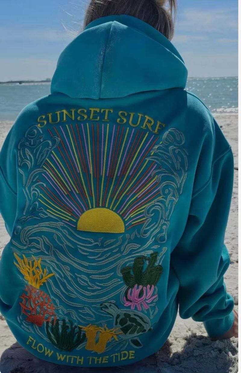 Unisex Embroidered Sunflower Hoodie – Oversized Pullover With Nautical Motifs, Soft Polyester Blend_voghion.com