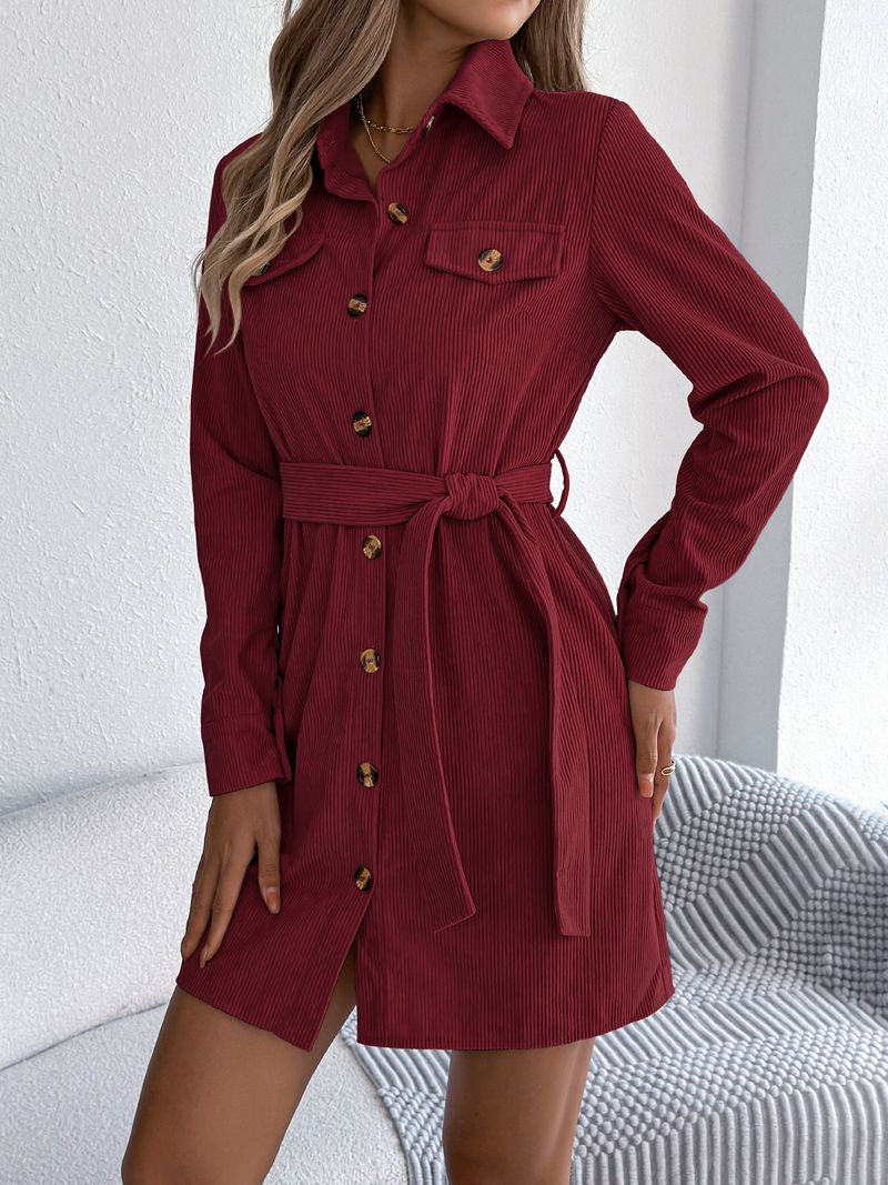 Abito camicia in velluto a coste monopetto, casual, tinta unita, a maniche lunghe, da donna, per autunno e inverno_voghion.com
