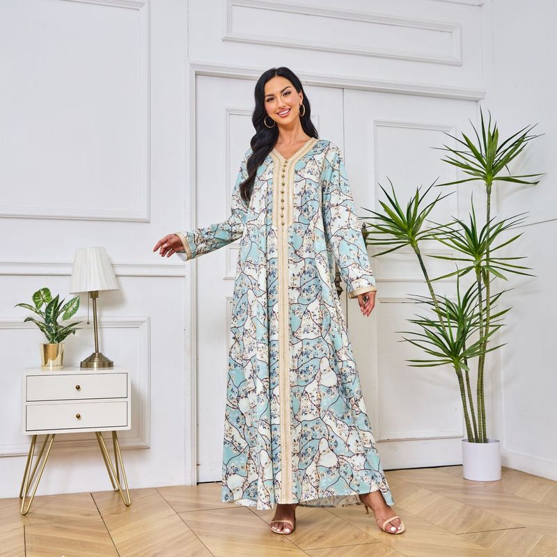 Mt094 Abaya Moslim Dames Bedrukt Kleur Geblokt Zacht En Comfortabel Temperament Jurk_voghion.com