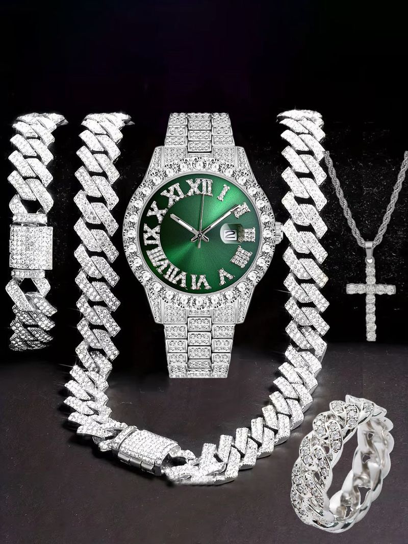 Orologio Hip Hop tempestato di diamanti, composto da cinque pezzi, con collana a croce a forma di diamante e anello cubano._voghion.com