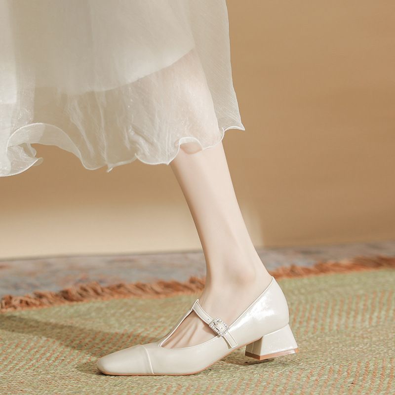 2025 New Style Chanel-Inspired Patchwork Square Toe Mary Jane Women's Solid Color Sheepskin Cushioned Chunky Heel Single_voghion.com