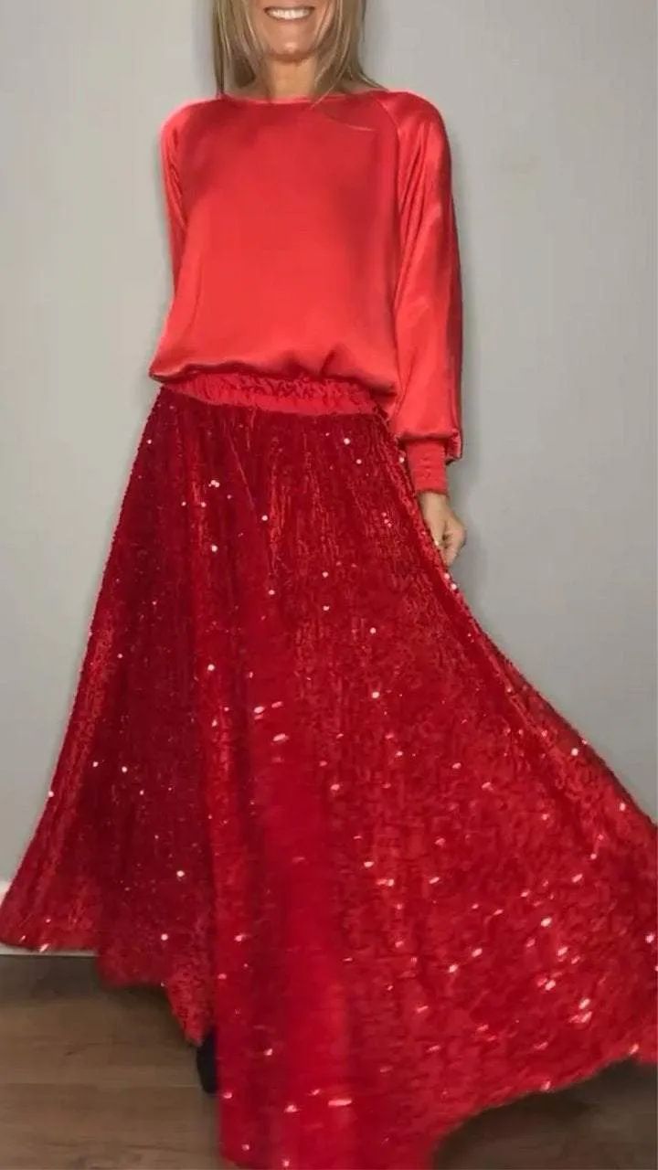 Dammekleeder Ronnhals Satin Top Paillettenrock Kostüm Zwee-Stéck Set_voghion.com