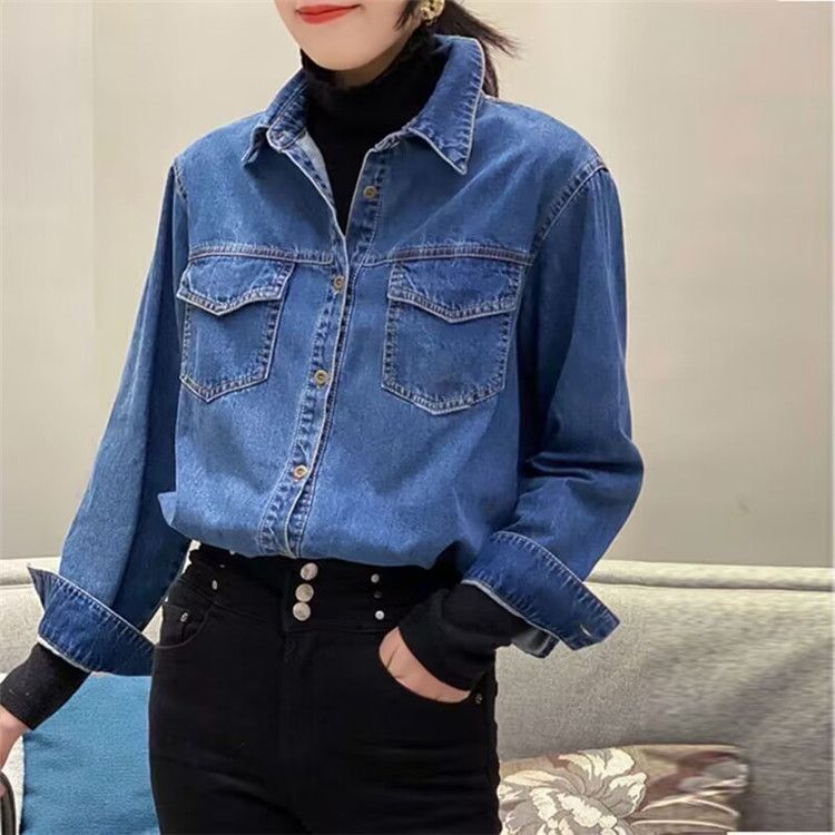 Vintage Jeanshemd im Hong Kong-Stil für Damen – Retro-blaues Oversized-Button-Down-Shirt mit klassischem Kragen, Freizeit- und Bürokleidung_voghion.com