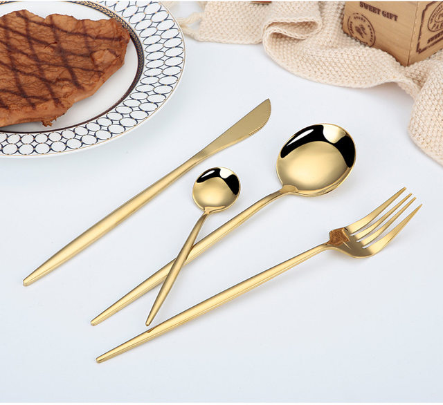 24-teiliges Edelstahl-Geschirr-Set, Schwarzgold, Besteck, Löffel, Gabel, Messer, westliches Besteck, Besteck, Geschirrzubehör_voghion.com