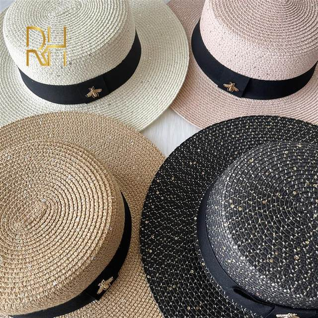 Mote paljetter Solkrem Papir Stråhatt Vår Sommer Britisk Flat Topp Panama Solskjerm Golden Bee Beach Hat_voghion.com