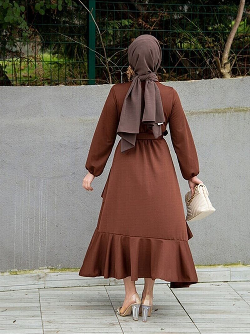 2207 # Türkiye Langes muslimisches Tunikakleid mit zwei Lagen Rüschen für Damen_voghion.com