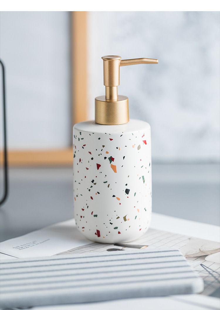 Nordic Terrazzo Ceramic Dispenser Bottle Set – Refillable Soap, Shampoo & Lotion Pump Bottles (3-Piece, Handmade Matte Glaze, Hotel & Home Decor)_voghion.com