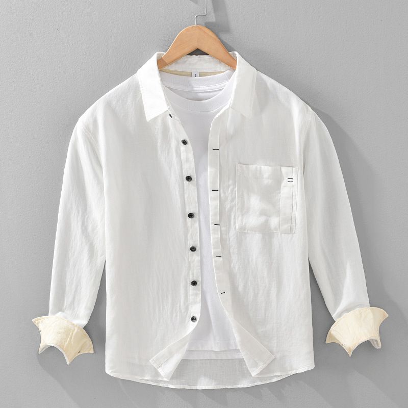 New Casual Solid Color Long Sleeved Shirt For Men, Simple And Artistic Loose Linen Shirt Jacket_voghion.com