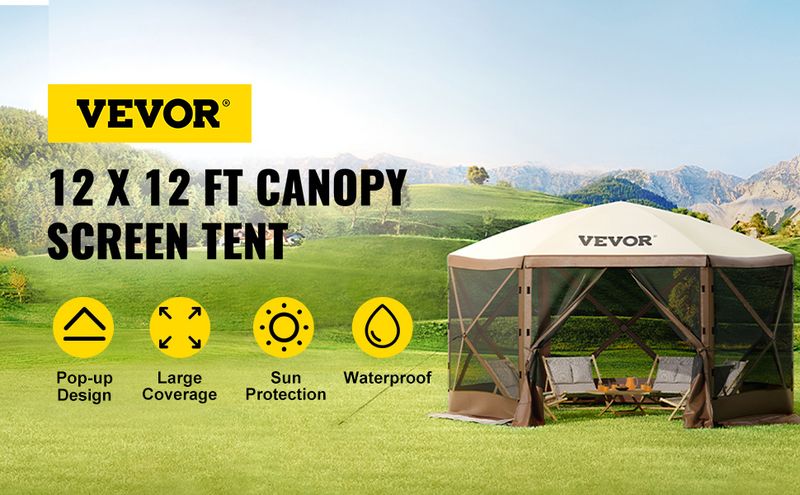 VEVOR Camping Gazebo Screen Tent; 12*12ft; 6 Sided Pop-up Canopy Shelter Tent with Mesh Windows; Portable Carry Bag; Stakes_voghion.com