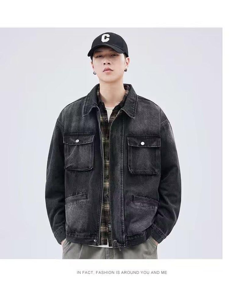 Jaqueta jeans masculina desgastada, casaco de trabalho unissex oversized com bolsos laterais – preto e cinza (M-4XL)_voghion.com