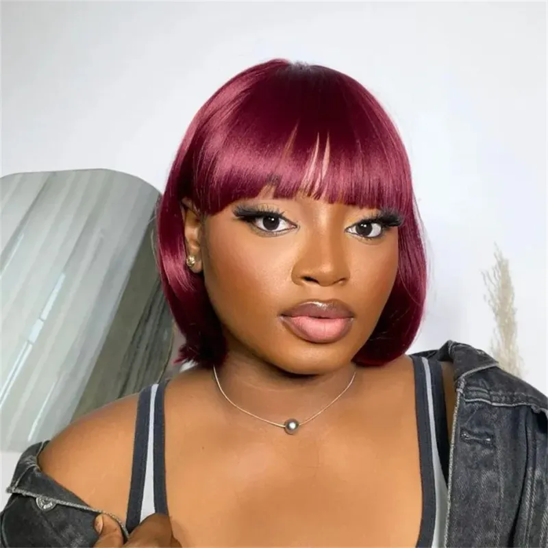 Braziliaanse pruik van echt haar met pony Remy steil haar Bob pruiken Volledig machinaal gemaakte pruik voor vrouwen 8-14 inch Lijmloze bob pruiken_voghion.com