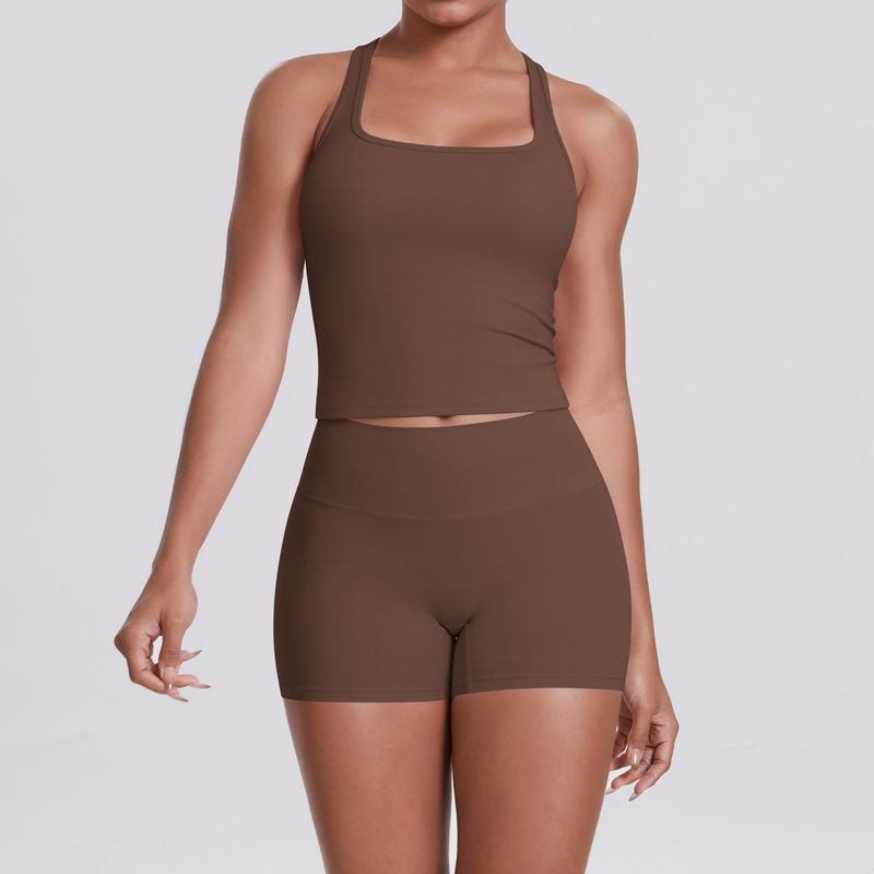 Neues, doppelseitiges, gebürstetes, einfarbiges, eng anliegendes Racerback-Sport-BH-Set für Laufen, Fitness und Yoga für Damen_voghion.com