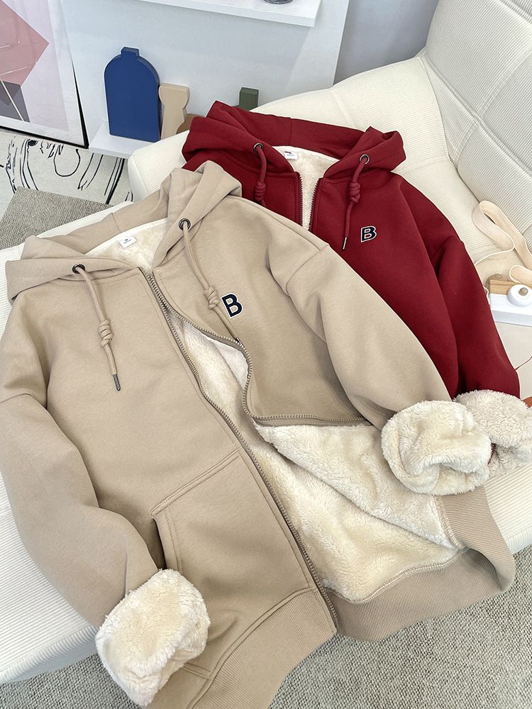 Maglione in pile di agnello con cappuccio e spesso in peluche da donna, per coppie autunnali e invernali, cardigan caldo a maniche lunghe con cerniera_voghion.com