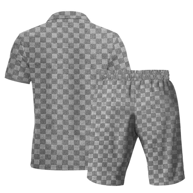 Herren Schweres, lockeres, lässiges, einfaches Poloshirt mit Schachbrettmuster und Reißverschluss, kurzärmelig, Shorts-Set_voghion.com