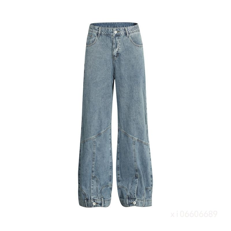 Jeans vintage alla moda, stile High Street americano, a gamba larga, con design casual, effetto rovesciato, orlo abbottonato, gamba dritta_voghion.com