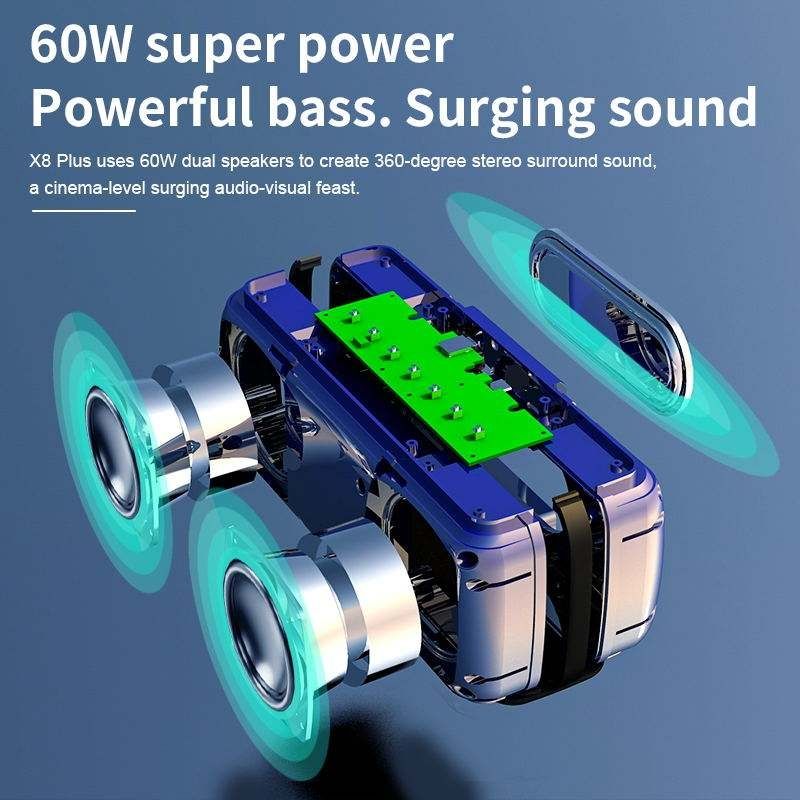 Głośnik bezprzewodowy Bluetooth X8 60W, zewnętrzny subwoofer, obsługa karty TWS i TF (niebieski)_voghion.com