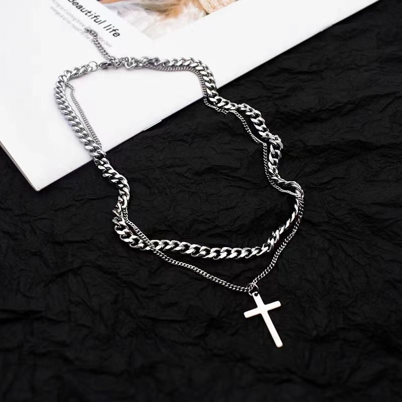 Collana con croce cubana a doppio strato per uomo, tendenza semplice, disco hip hop, clavicola, maglione, felpa con cappuccio, accessori_voghion.com