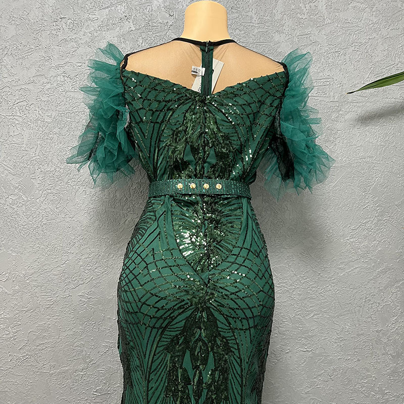 Paillettenkleid für Damen, schmal geschnittener Fischschwanz-Langrock, Bubble-Mesh-Ärmel, modische Abendgarderobe_voghion.com