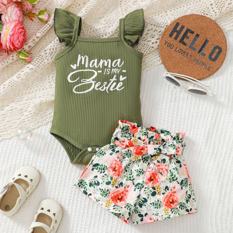 Completo tuta attillata stampata in cotone a coste e pantaloncini alla moda per bambini_voghion.com