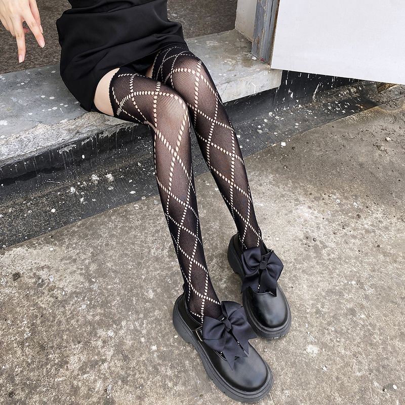 Calze autoreggenti JK Internet Celebrity Black Silk Diamond Summer Sottili Calze lunghe sopra il ginocchio in stile retrò giapponese scuro per le donne_voghion.com