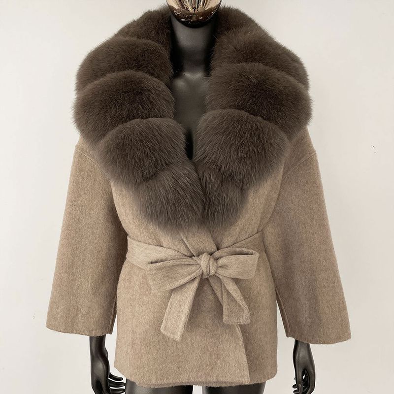 Kurzer Wollmantel für Damen mit Fuchspelzkragen – doppelseitige, übergroße Trenchcoatjacke, lässige, elegante Oberbekleidung, Winterblazer mit Gürtel (S/M)_voghion.com